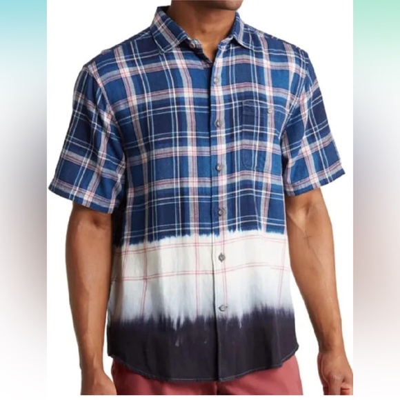 Tommy Bahama Soul Cal Surf Plaid Camp Shirt (Color: Bering Blue, Size XXL) - Picture 10 of 12